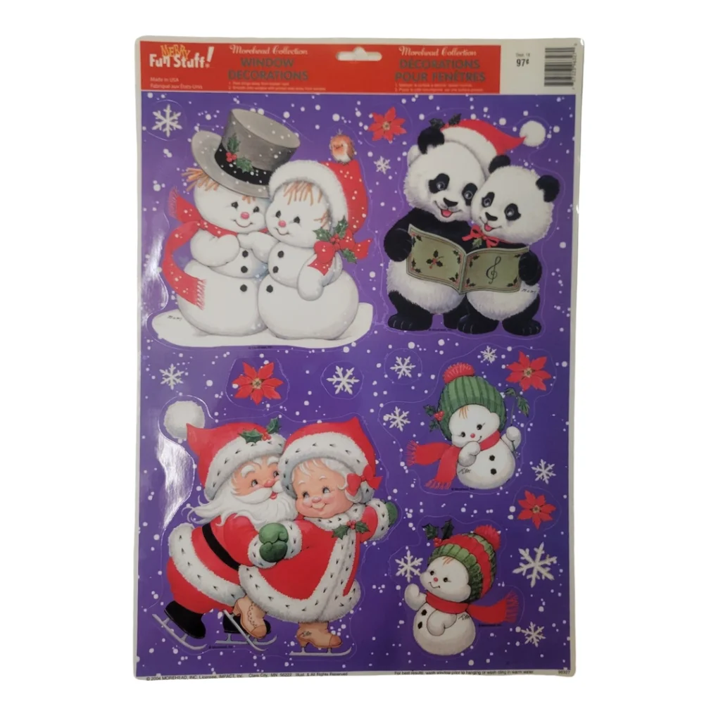 VTG Christmas Window Clings Lot of 3 Cute Baby Elves Santa Snowmen Holiday Decor
